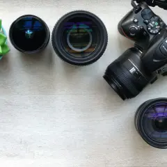 Aparat fotograficzny z obiektywami i zieloną rośliną na jasnym tle.