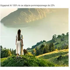 Kobieta w białej sukience na tle górskiego krajobrazu. Porównanie jakości obrazu po obróbce w Photoshopie i Gigapixel AI z oryginałem.