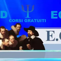 Gruppo di uomini in abiti storici, con testo "FAD" e "ECM" e simbolo psicologico. Corsi gratuiti ECM per psicologi.