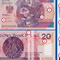Polskie banknoty 20 zł z zaznaczonymi elementami zabezpieczeń. Gdzie najlepiej wymienić walutę? Sprawdź na banknotach!