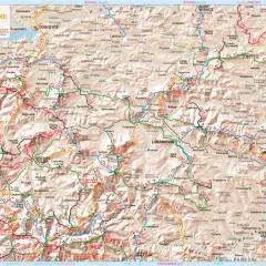 Mapa turystyczna Beskidu Wyspowego z zaznaczonymi szlakami. Widoczne miejscowości: Limanowa, Mszana Dolna, Rabka-Zdrój.