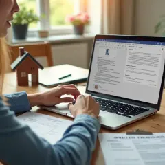 Kobieta wpisuje dane na laptopie, przygotowując przepisanie licznika Energa. Na biurku leżą dokumenty i model domu.