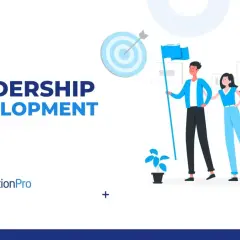 Illustration for leadership development: a team holding a flag, with a target in the background.