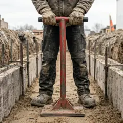 Robotnik używa ubijaka do ziemi, przygotowując wykop pod fundamenty.