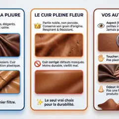 Guide pour identifier la qualité du cuir : test de pliure, aspect pleine fleur, et sensations au toucher et à l'odorat. Le tannage du cuir révèle sa noblesse.