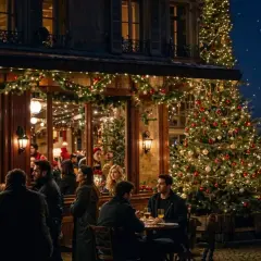 Un restaurant parisien décoré pour Noël, avec un sapin scintillant et la Tour Eiffel illuminée en arrière-plan. Un lieu chaleureux, ouvert le 24 décembre, où les gens dînent et profitent de la magie de la fête.