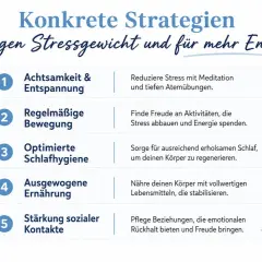 Strategien gegen Stressgewicht: Achtsamkeit, Bewegung, Schlaf, Ernährung & soziale Kontakte für mehr Energie.