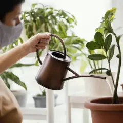 Kobieta w maseczce podlewa kwiaty z konewki.