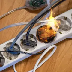 Überlastete Steckdosenleiste mit brennendem Anschluss. Vorsicht vor der Gefahr durch Lithium Ionen Akkus und defekte Geräte!