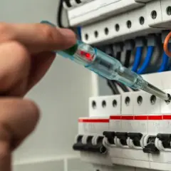 Dłoń z próbnikiem napięcia przy bezpiecznikach elektrycznych.