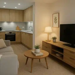 Salón y cocina integrados con muebles de madera clara. La iluminación cálida crea una atmósfera acogedora, mostrando la escala de temperatura de color ideal para el hogar.