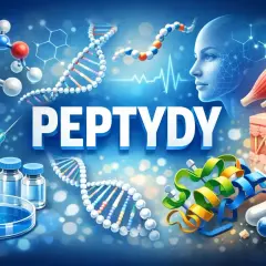 Peptydy w kosmetykach: nauka o pięknie. Molekuły, DNA, skóra, mięśnie i iniekcje symbolizują innowacyjne składniki.