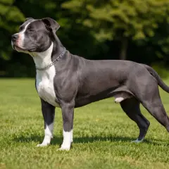 Silny amstaff w obroży stoi na trawie. Zastanawiasz się nad amstaff cena?