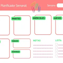 Planificador semanal con espacios para Lunes a Domingo, notas y lista. Ideal para descargar y organizar tu semana.