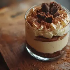 Pyszne tiramisu z mascarpone w pucharku, posypane kakao i kawałkami czekolady. Sprawdzony przepis na ten włoski deser.