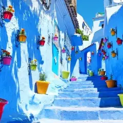 Escaleras azules adornadas con macetas de colores vibrantes, un sueño para quien decide viajar solo a Marruecos.