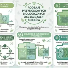 Ilustracja przedstawia różne rodzaje przydomowych biologicznych oczyszczalni ścieków.