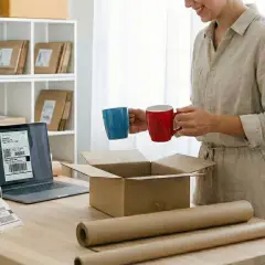 Kobieta z kubkami w rękach przygotowuje paczkę. Na biurku drukarka etykiet, laptop z naklejką i karton. To wszystko, co potrzebne, by wysłać zamówienie. SKU co to? To kod produktu.