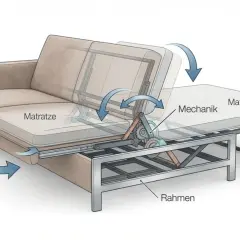 Mechanismus eines Schlafsofas, der verschiedene Sofa Arten zeigt. Eine ausklappbare Matratze mit Rahmen und Mechanik.