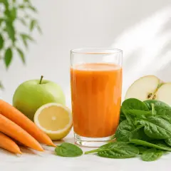 Szklanka pomarańczowego soku, marchewki, jabłko, cytryna i szpinak – idealne składniki na zdrowy detoks sokowy.