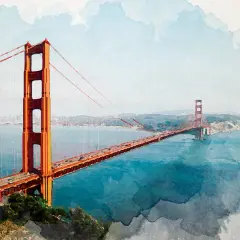 Golden Gate Bridge rendered with a beautiful photoshop watercolor effect, its iconic orange towers standing against a blue bay and hazy sky.