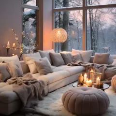 Przytulny salon inspiracje: biała kanapa, kominek, świece i widok na zimowy las. Idealne miejsce na relaks.