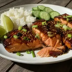 Ugnsbakad asiatisk lax med sesamfrön, ris, gurka och limeklyftor. En läcker och hälsosam måltid.