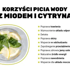 Szklanka orzeźwiającej wody z miodem i cytryną, ozdobiona listkami mięty, to naturalny sposób na poprawę zdrowia.