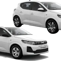 Dwa białe samochody Dacia Sandero 2025, jeden z przodu, drugi z boku, prezentują nowoczesny design i praktyczność.