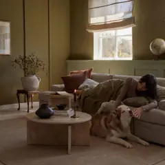 Gemütliches Wohnzimmer in warmen Farben. Eine Frau kuschelt mit ihrem Hund auf dem Sofa, umgeben von erdigen Tönen und sanftem Licht.