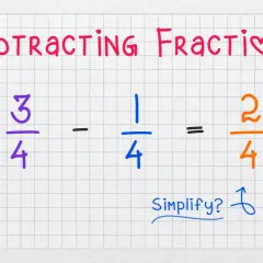 Przykład odejmowania ułamków zwykłych: 3/4 - 1/4 = 2/4. Czy można to uprościć?