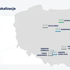 Mapa Polski z zaznaczonymi potencjalnymi lokalizacjami elektrowni atomowych i ich przeznaczeniem.
