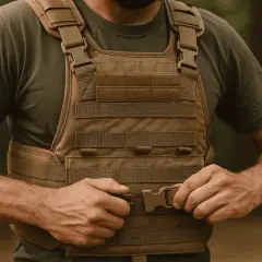 Hombre ajustando la configuración de su chaleco táctico de color coyote, listo para la acción.