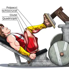 Uomo stilizzato esegue leg press, mostrando i muscoli di polpacci, ischiocrurali, glutei e quadricipiti.