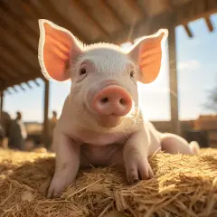 Un adorable porcelet rose, le cochon est il propre ? Il semble tout frais sur son lit de paille, sous le soleil.