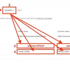 Zmienne dla poczta sledz: baseUrl, api-key, passwordHash, login. Wartości początkowe i bieżące są widoczne.
