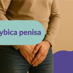 Mężczyzna w dżinsach i beżowej bluzie zakrywa dłonią krocze. Na zdjęciu napis "Grzybica penisa".