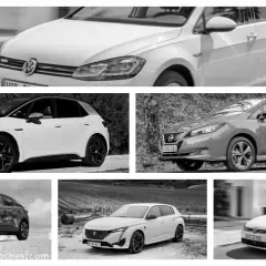 Un collage de cinco coches, mostrando diferentes modelos de hatchback. Destaca un Volkswagen Golf, un VW ID.3, un Nissan Leaf, un Citroën C4 y un Peugeot 308.