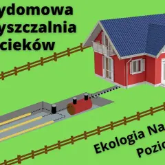 Schemat przydomowej oczyszczalni ścieków: dom, zbiornik, drenaż. Ekologia na wyższym poziomie.