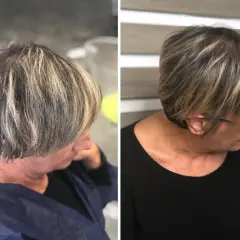 Capelli corti con meches chiare, un taglio moderno che illumina il viso.