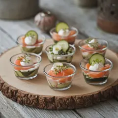 Sept verrines apéro joliment dressées : saumon fumé, avocat, crème et concombre. Parfait pour un apéritif raffiné.