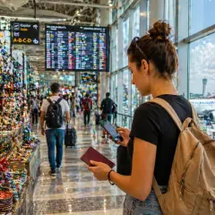 Kobieta z plecakiem i paszportem w ręku, korzystająca z telefonu na lotnisku w Turcji. W tle sklep z pamiątkami i samolot Turkish Airlines.