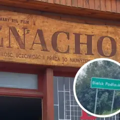 Drewniany napis "Znachor" i tablica z napisem "Bielsk Podlaski" - tu gdzie nagrywano film.