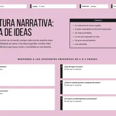 Plantilla para escribir una historia narrativa, con secciones para temas, preguntas guía y espacios para respuestas.