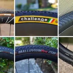Close-ups of various road tires on gravel bikes, showcasing brands like Panaracer, Challenge, WTB, Vittoria, and Alluvium Pro.