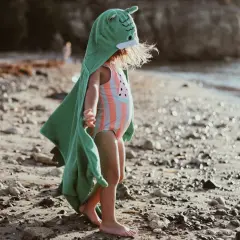 Litet barn i badkläder och en grön baby badhandduk med dinosauriehuva står på en stenig strand.