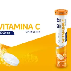Wizualizacja suplementu diety z witaminą C 1000 mg w formie tabletek musujących o smaku pomarańczowym. Opakowanie zawiera 20 tabletek, zalecane witamina c 1000 dawkowanie to 1 tabletka dziennie.