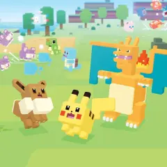 Pikachu, Eevee i Charizard w stylu pixel art. W tle inne Pokemony i krajobraz, jak w grach Pokemon na Nintendo Switch.