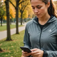 Kobieta w parku sprawdza czas na telefonie, planując swój trening: 10 km w 45 minut.