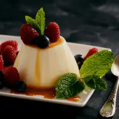 Panna cotta z malinami i borówkami, polana syropem. Idealny deser, gdy szukasz prostego panna cotta przepis.